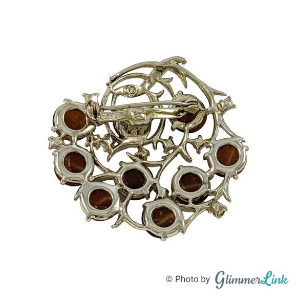 Vintage Coro Brown Lucite Moonstone Cabochons Rhinestones Gold Tone Brooch - Picture 6 of 9